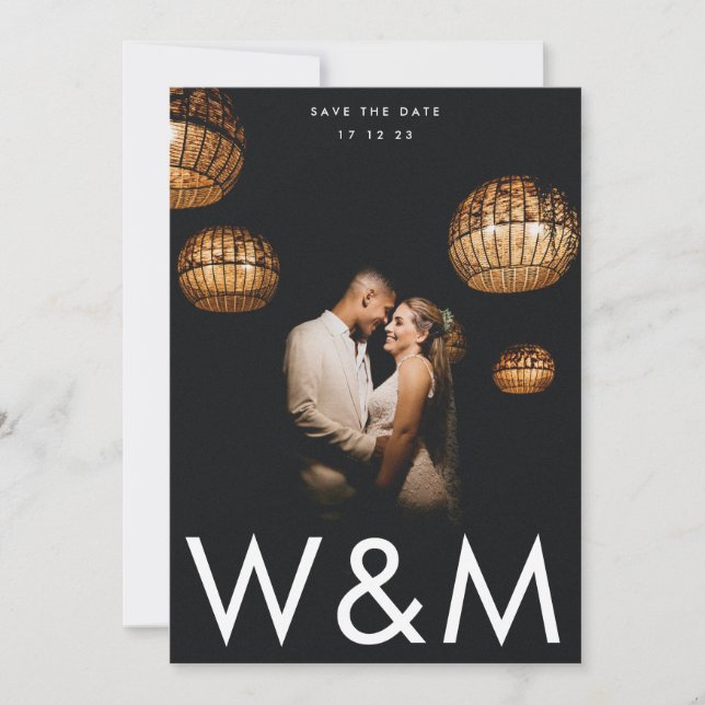 Ultra Modern Bold White Monogram QR Code Back Save The Date (Front)