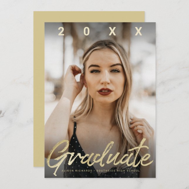 Ultra Modern Graduate Gold Brush Script Photo Card (Front/Back)
