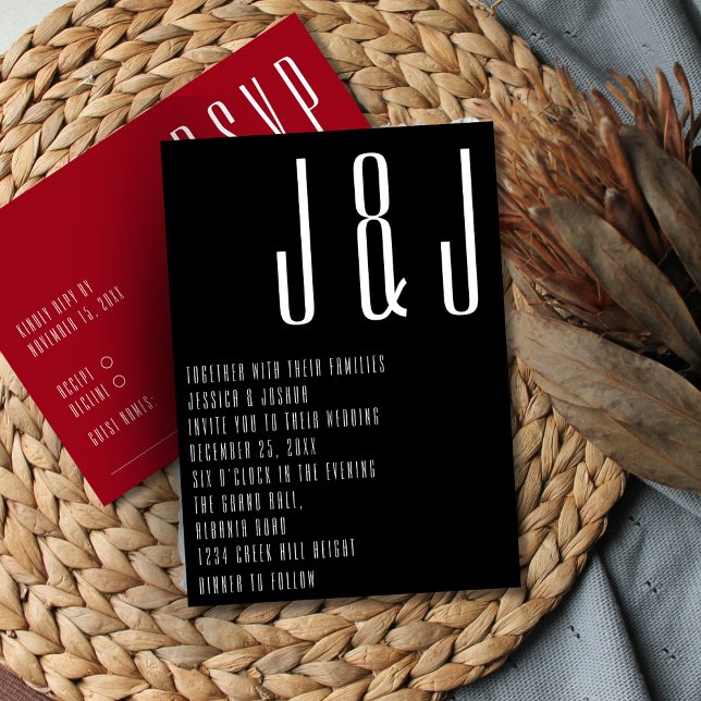 Ultra Modern Monogram Black Red Wedding Invitation (Creator Uploaded)