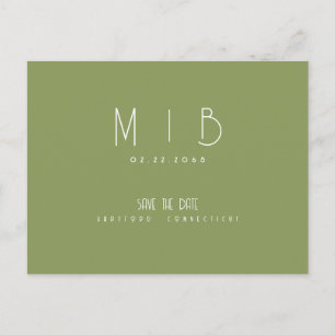 Ultra Modern Monogram Moss Green Save the Date Postcard