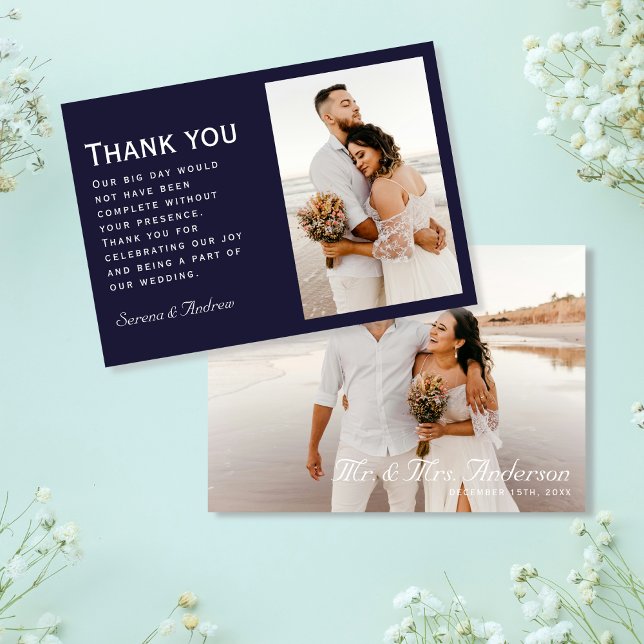 Ultra Modern Navy Blue Elegant Two Photos Thank You Card (Creator Uploaded)