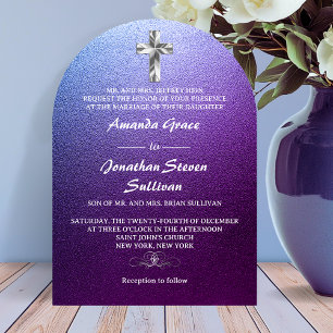 Ultra Modern Purple Glitter Cross Arched  Invitation