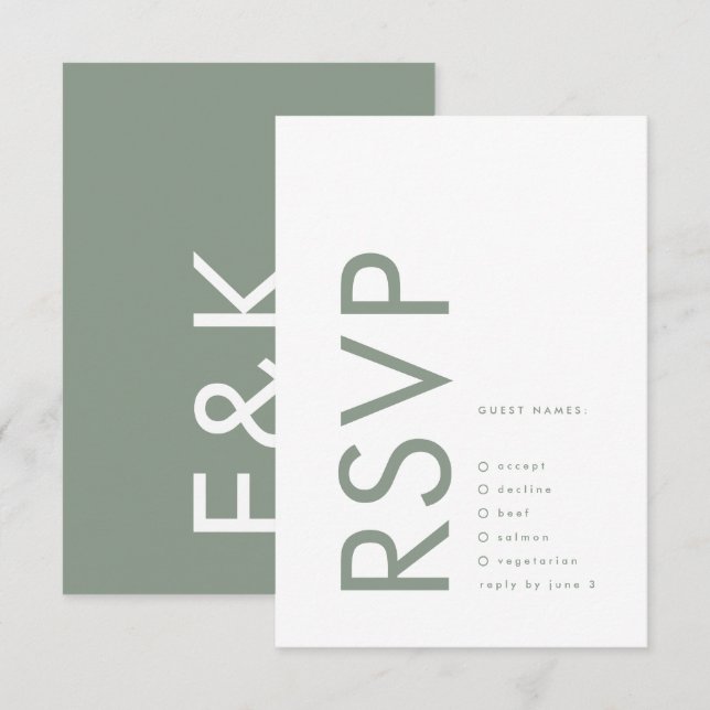 Ultra Modern Sage Green Monogram Simple Wedding RSVP Card (Front/Back)