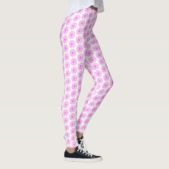 Ultra Pink Daisy Flower Print, Hippie Floral Leggings (Right)