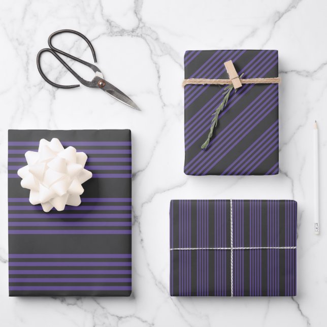 Ultra violet and charcoal five stripe pattern wrapping paper sheet (Front)