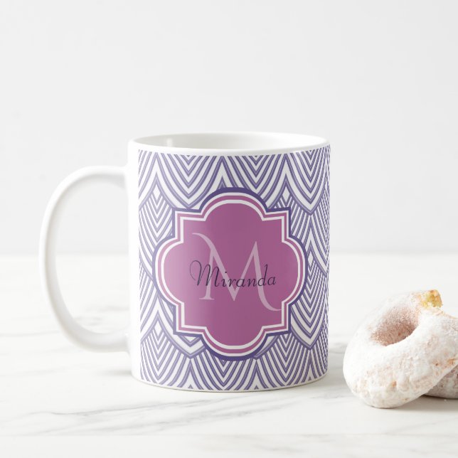 Ultra Violet Arched Scallops Orchid Monogram Name Coffee Mug (With Donut)