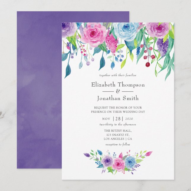 Ultra Violet colour combo Watercolor Floral Weddin Invitation (Front/Back)