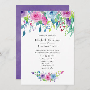 Ultra Violet colour combo Watercolor Floral Weddin Invitation