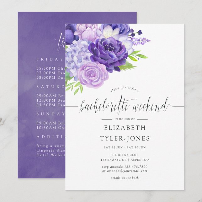 Ultra Violet Floral Bachelorette Weekend Itinerary Invitation (Front/Back)