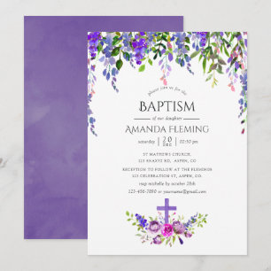 Ultra Violet Floral Baptism or Christening Invitation