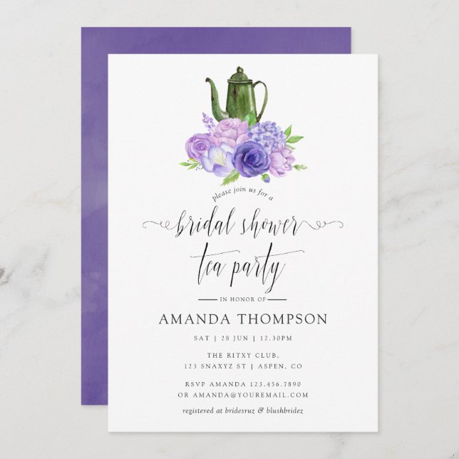 Ultra Violet Floral Bridal Shower Tea Party Invitation (Front/Back)