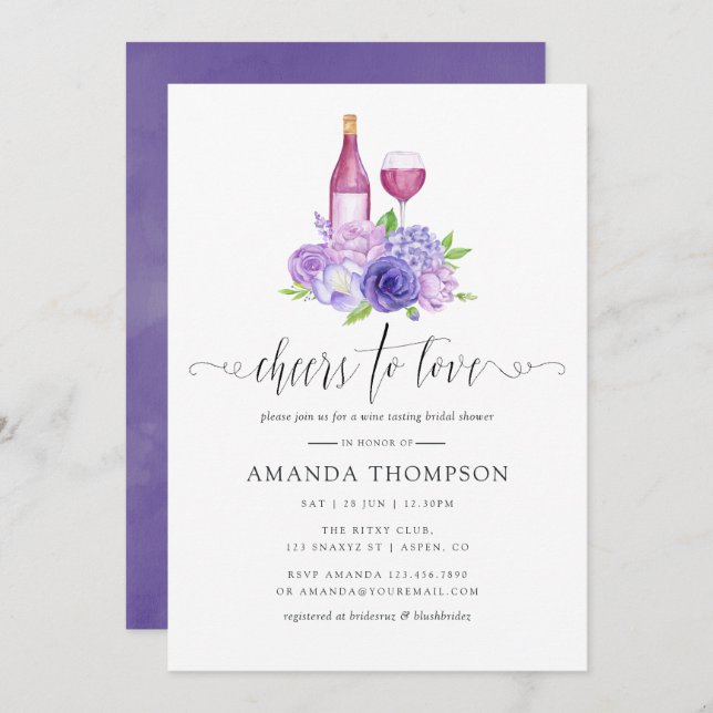 Ultra Violet Floral Bridal Shower Wine Tasting Invitation (Front/Back)