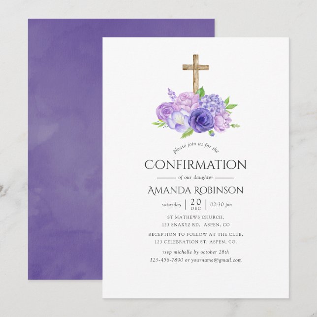 Ultra Violet Floral Confirmation Invitation (Front/Back)