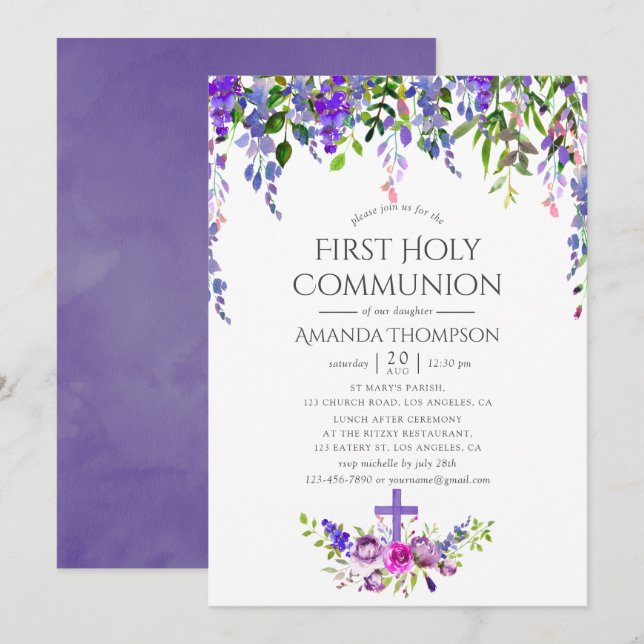 Ultra Violet Floral First Holy Communion Invitation (Front/Back)