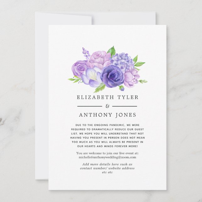 Ultra Violet Floral Wedding Reduced Guest List Announcement (Front)