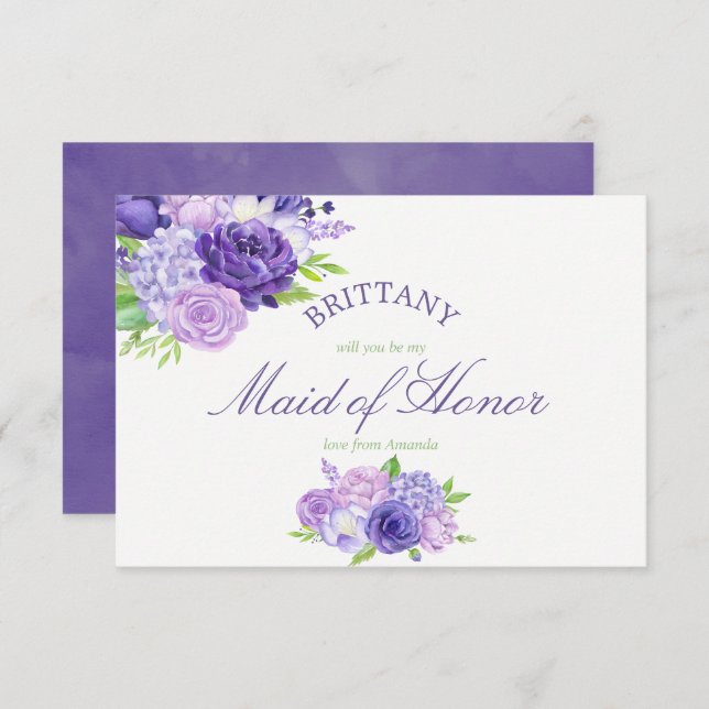 Ultra Violet Floral Will You Be My Maid of Honour Invitation (Front/Back)