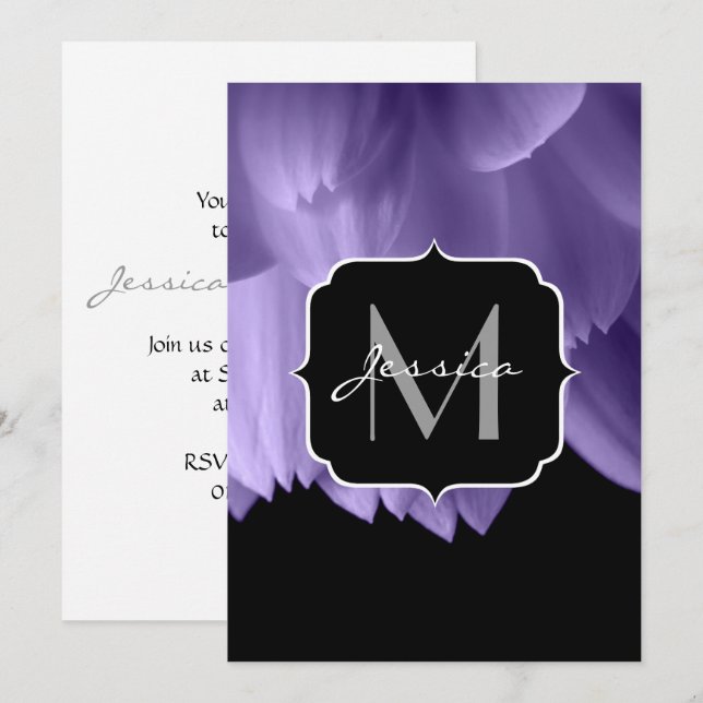 Ultra violet flower petals black Monogram Invite (Front/Back)