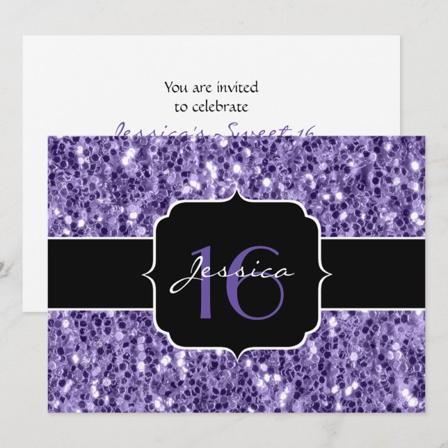 Ultra violet glitter sparkles Sweet 16 invite (Front/Back)