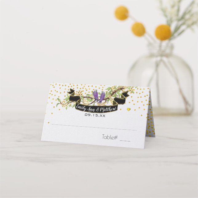 Ultra Violet Gold Confetti Purple Yellow Birds Place Card (Front)