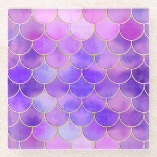 Ultra Violet & Gold Mermaid Scale Pattern Glass Coaster