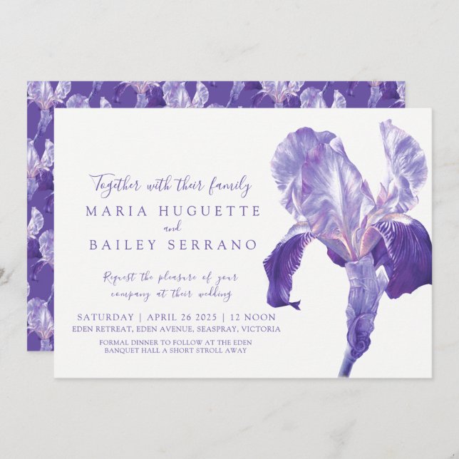 Ultra violet Iris botanic art wedding invitations (Front/Back)