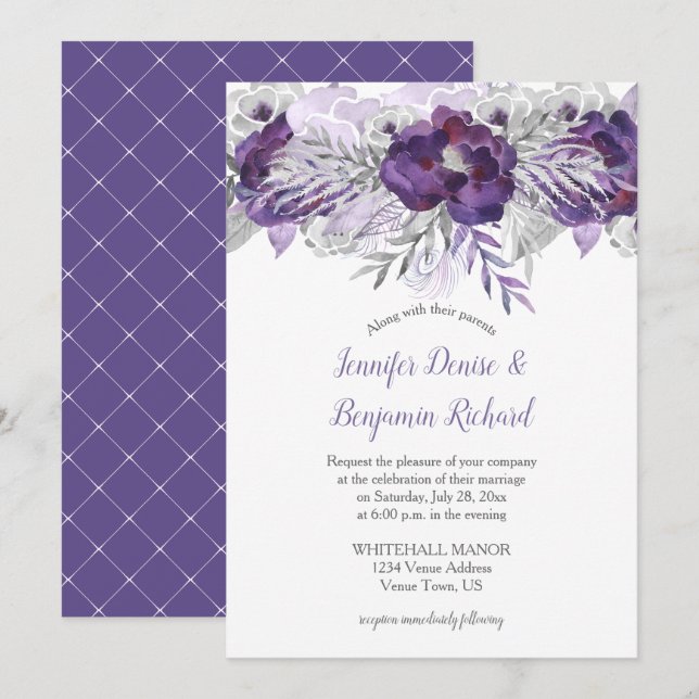 Ultra Violet Lavender Grey Floral Invitation (Front/Back)