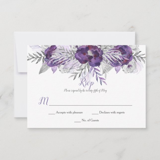 Ultra Violet Lavender Grey Watercolor Roses RSVP (Front)