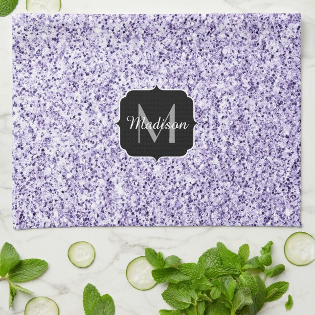 Ultra violet light purple glitter sparkle Monogram Tea Towel (Folded)