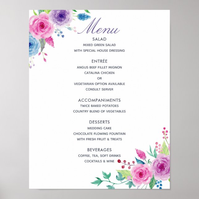Ultra Violet Mix Watercolor Floral Wedding Menu Poster (Front)