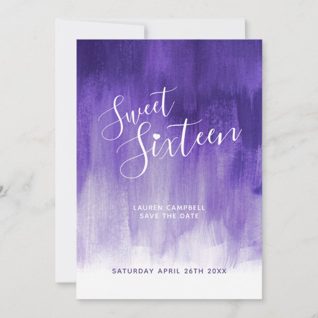 Ultra violet modern art sweet sixteen birthday save the date (Front)