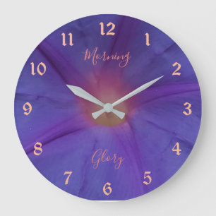 Ultra Violet Morning Glory Flower and Text Large Clock