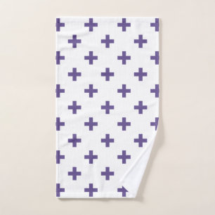 Ultra violet polka crosses on white hand towel