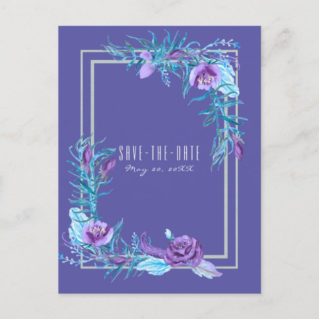Ultra Violet Purple Aqua Floral Chic Save the Date Announcement Postcard (Front)
