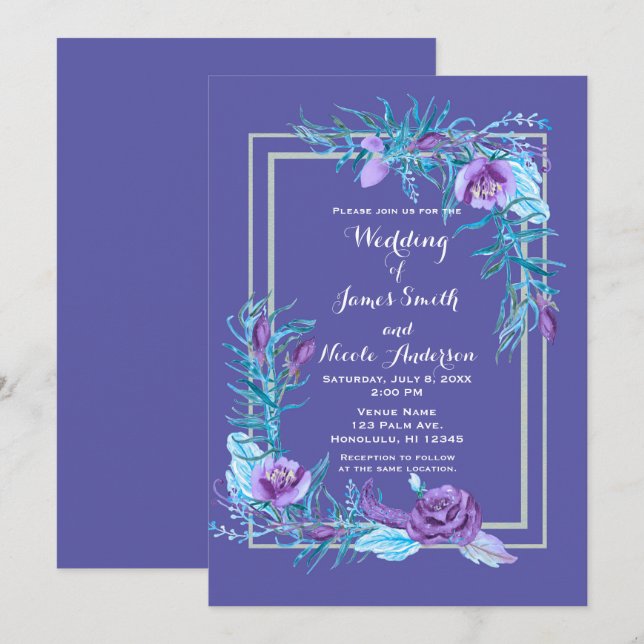 Ultra Violet Purple & Aqua Floral Chic Wedding Invitation (Front/Back)