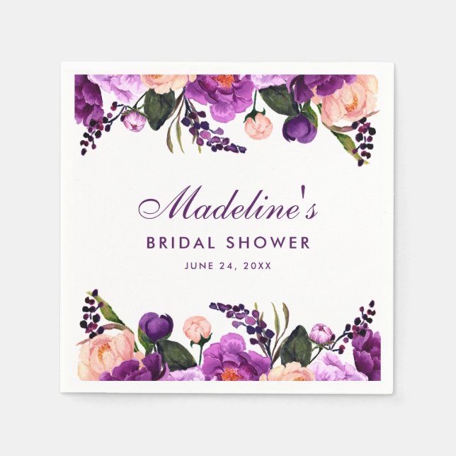 Ultra Violet Purple Floral Bridal Shower Napkin (Front)