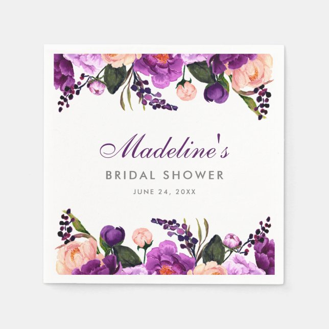 Ultra Violet Purple Floral Bridal Shower P Napkin (Front)