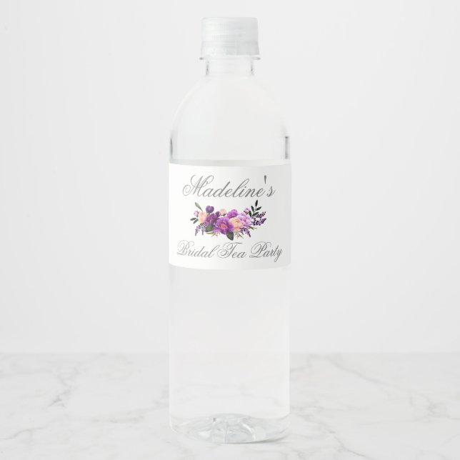 Ultra Violet Purple Floral Bridal Shower Tea Party Water Bottle Label (Front)