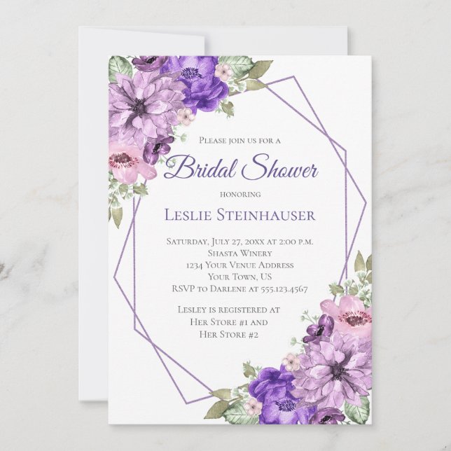 Ultra Violet Purple Floral Geometric Bridal Shower Invitation (Front)