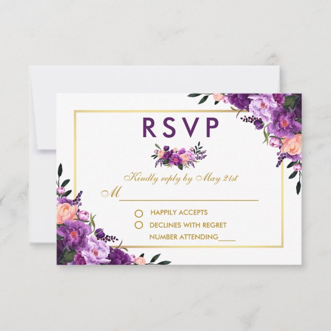 Ultra Violet Purple Floral Gold RSVP Wedding P Card (Front)