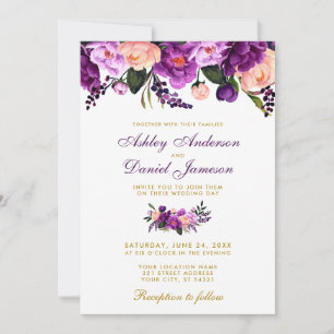 Ultra Violet Purple Floral Gold Wedding Invitation