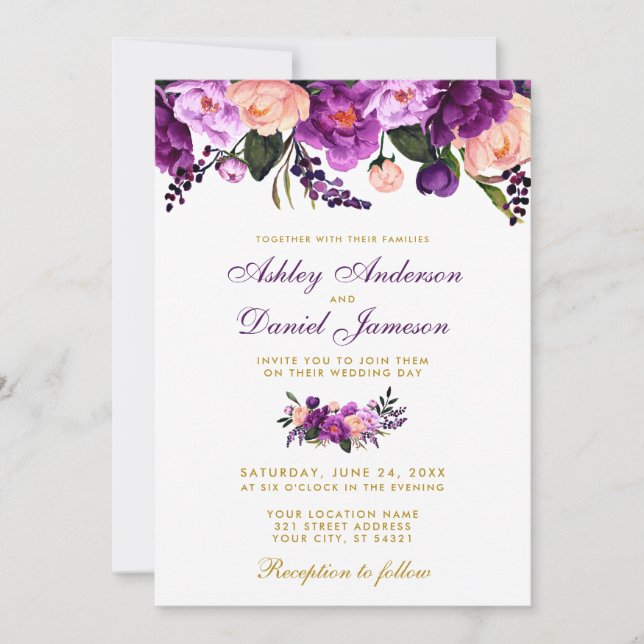 Ultra Violet Purple Floral Gold Wedding Invite (Front)