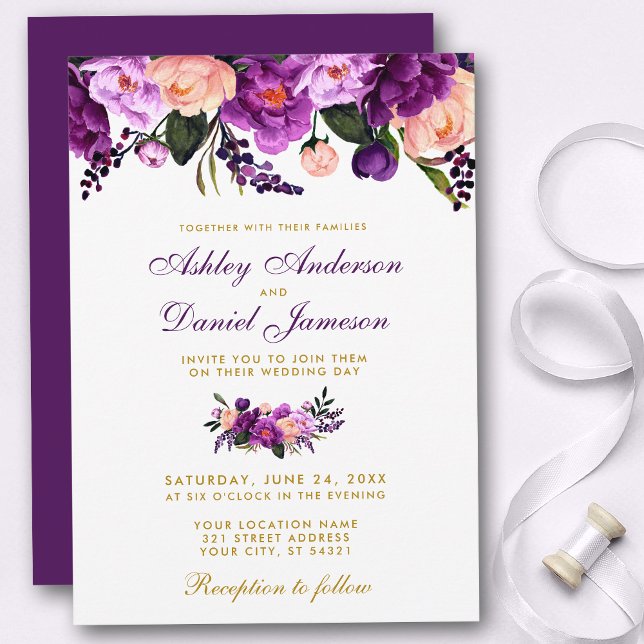 Ultra Violet Purple Floral Gold Wedding Invite P (Customize to change text color, style, add text & photos to back or change color of back of card.)