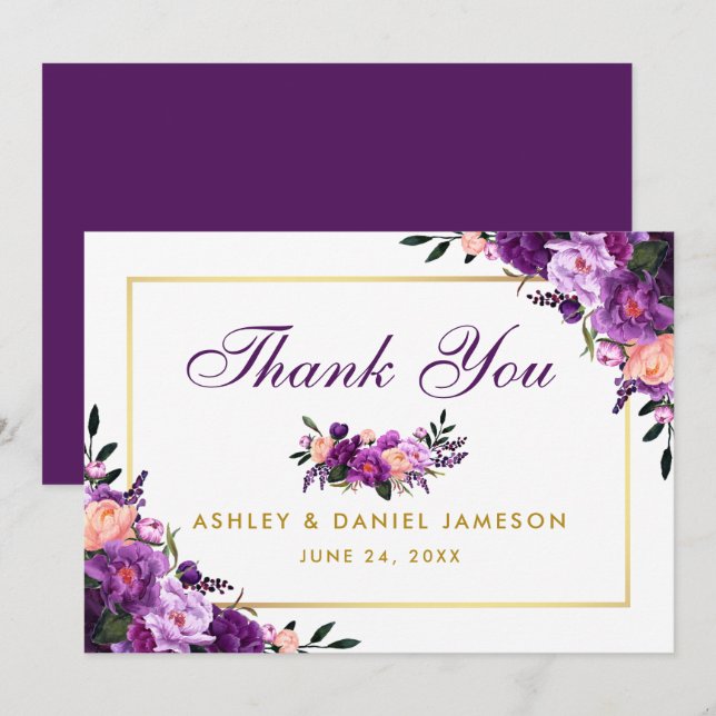 Ultra Violet Purple Floral Gold Wedding Thank You (Front/Back)