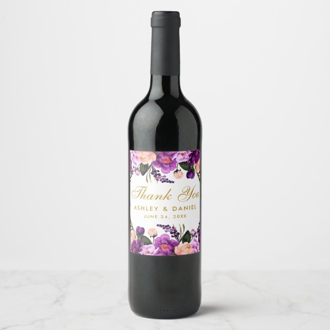 Ultra Violet Purple Floral Gold Wedding Wine Label (Front)