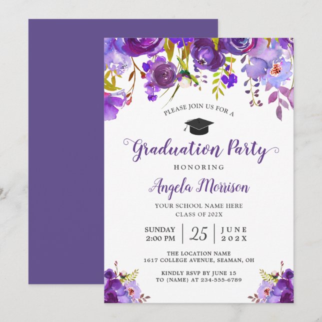 Ultra Violet Purple Floral Graduation Party Invitation (Front/Back)