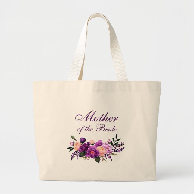 Ultra Violet Purple Floral Mother of the Bride Large Tote Bag (Front)