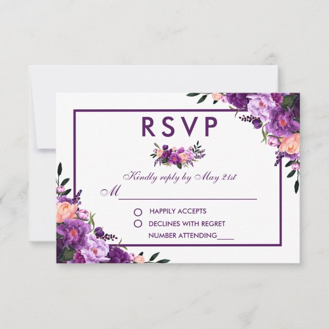 Ultra Violet Purple Floral RSVP Wedding (Front)