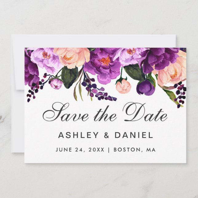 Ultra Violet Purple Floral Save The Date (Front)