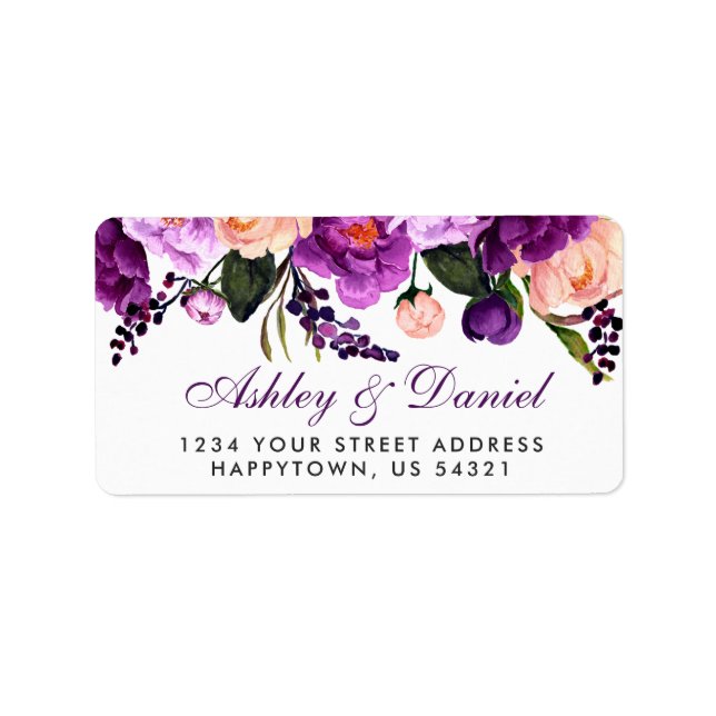 Ultra Violet Purple Floral Watercolor Wedding P Label (Front)