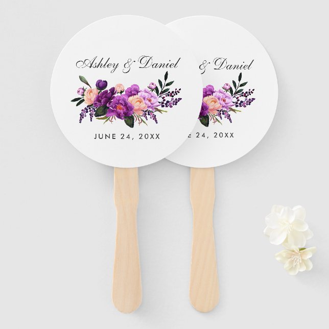 Ultra Violet Purple Floral Wedding Hand Fan (Front and Back)